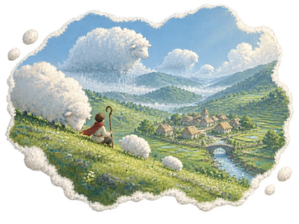Lowfold, desa sawah di lembah, dengan seekor domba awan merumput di lereng atasnya