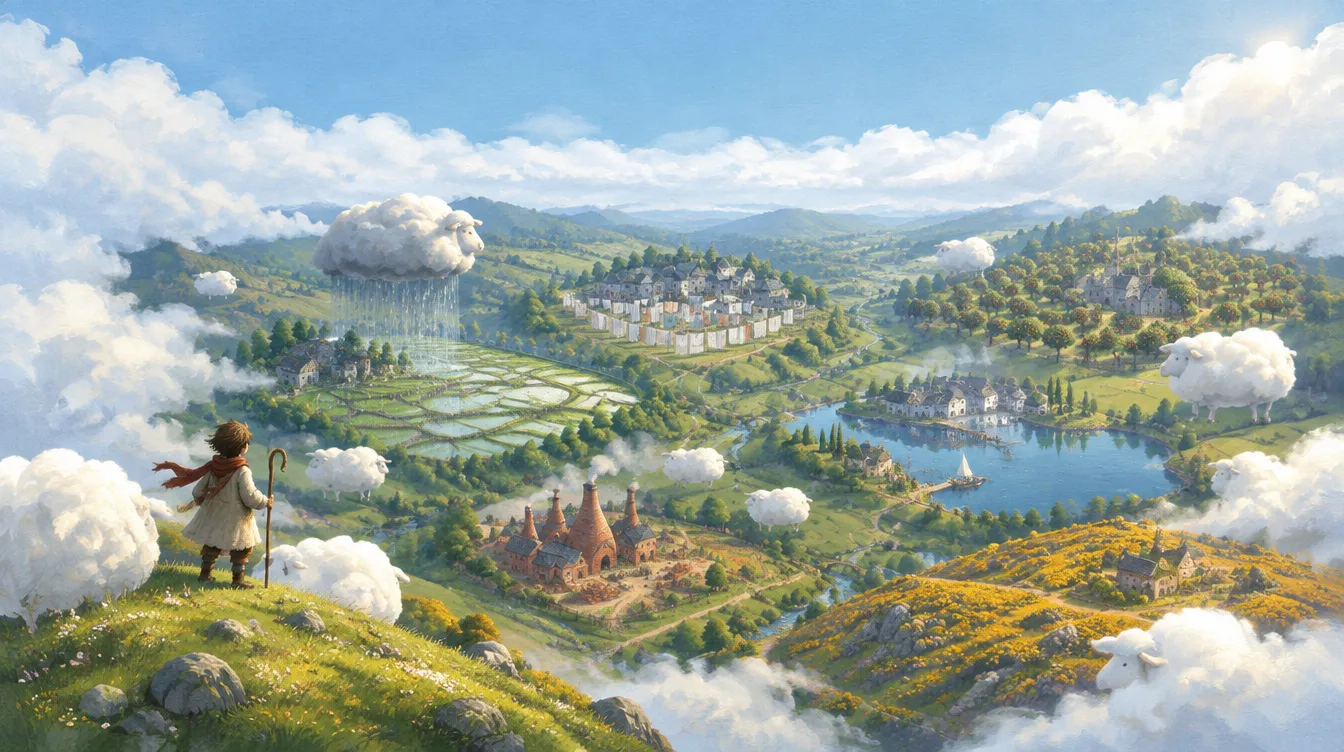 Lembah hijau Woolmoor dilihat dari atas menembus awan: sawah berundak, jemuran, kebun apel, danau, tungku bata, dan padang gorse